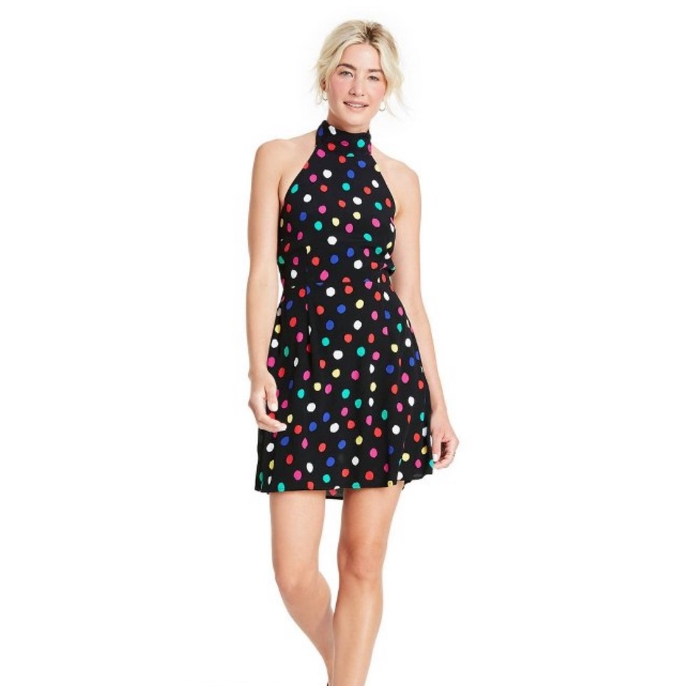 Rixo polka dot sleeveless halter dress black mini